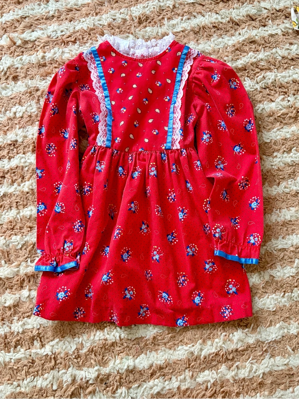 Vintage Red Floral Lace-Trim Dress